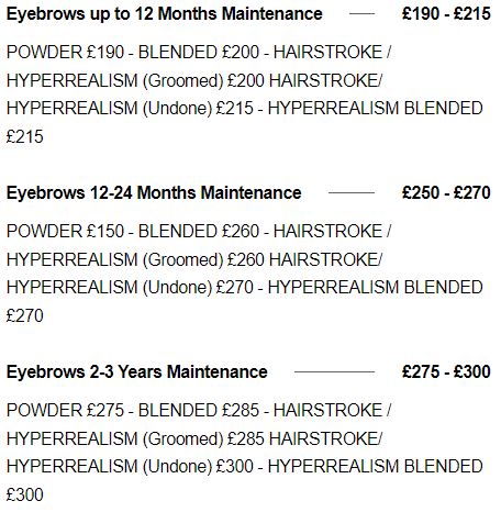 EYEBROWS PRICELIST